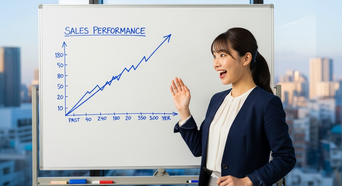 右肩上がりの折れ線グラフが描かれているホワイトボードの前で、スーツ姿の女性が笑っている様子
