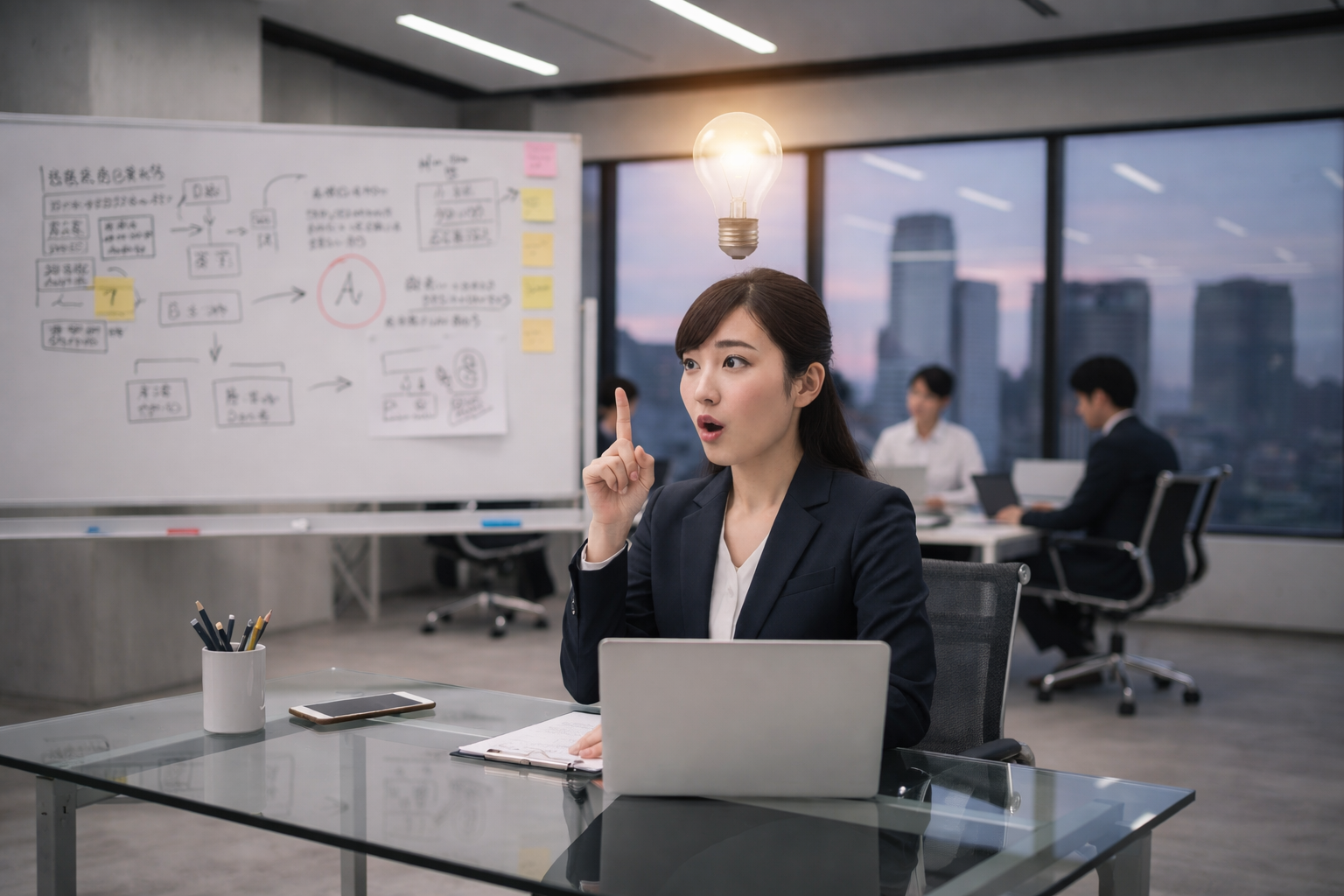 オフィスで、パソコンを前に何かを閃いている女性の様子